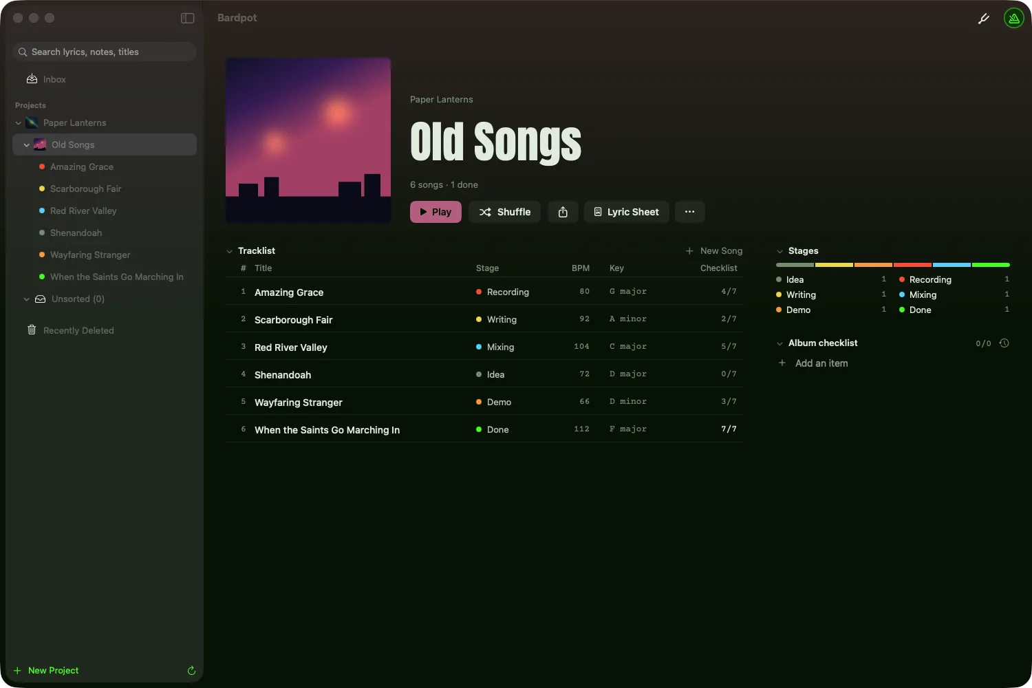 An album page in Bardpot on the Mac, listing its songs and how far along each one is